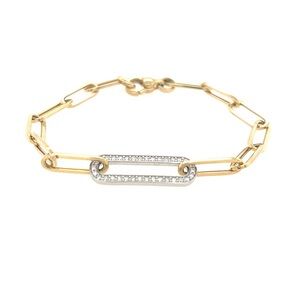 14K Yellow Gold Two Tone Diamond Paper Clip Bracelet Length 8"